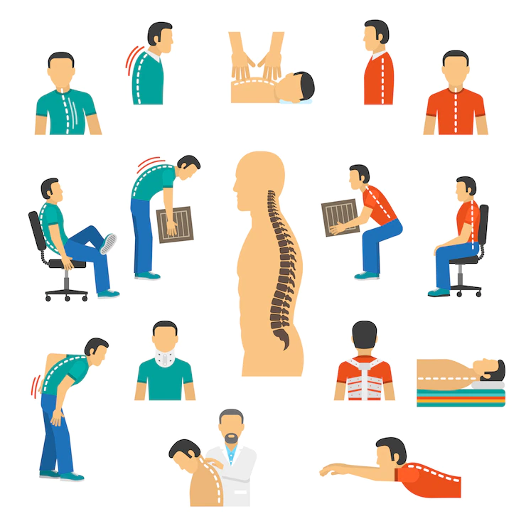 scoliosi e osteopatia: l'immagine mostra tutti i comportamenti posturali sbagliati che possono causare la scoliosi, problema che è possibile curare con l'osteopatia.